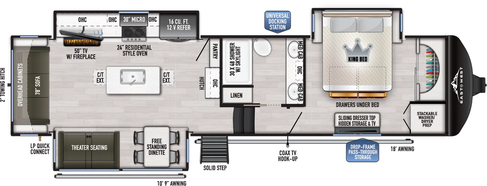 The Ahara 365RL floorplan has one entry and three slide outs. Exterior features include: fiberglass exterior and 10'9" & 18' awning. Interiors features include: kitchen island, free-standing dinette option, front bedroom and rear living.